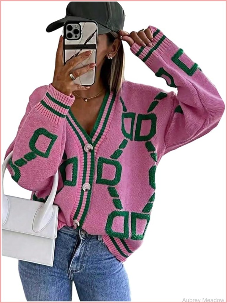 Letter Print Button Up Knit Cardigan V Neck Long Sleeve Sweater Jacket